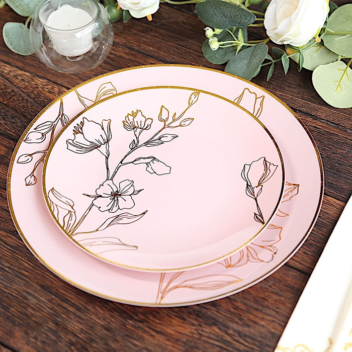 20 Round Plastic Salad Dinner Plates with Gold Floral Design - Disposable Tableware