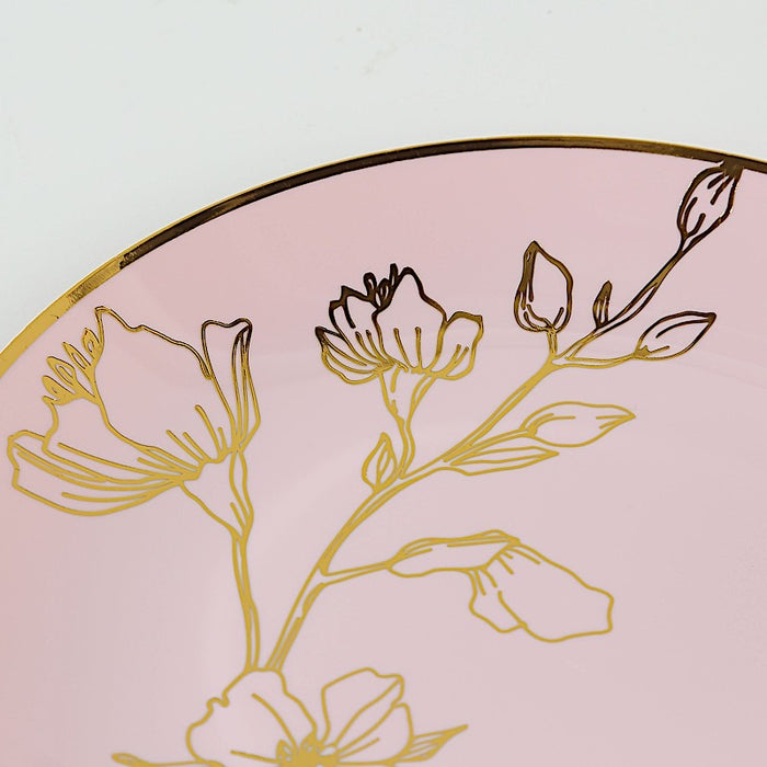 20 Round Plastic Salad Dinner Plates with Gold Floral Design - Disposable Tableware