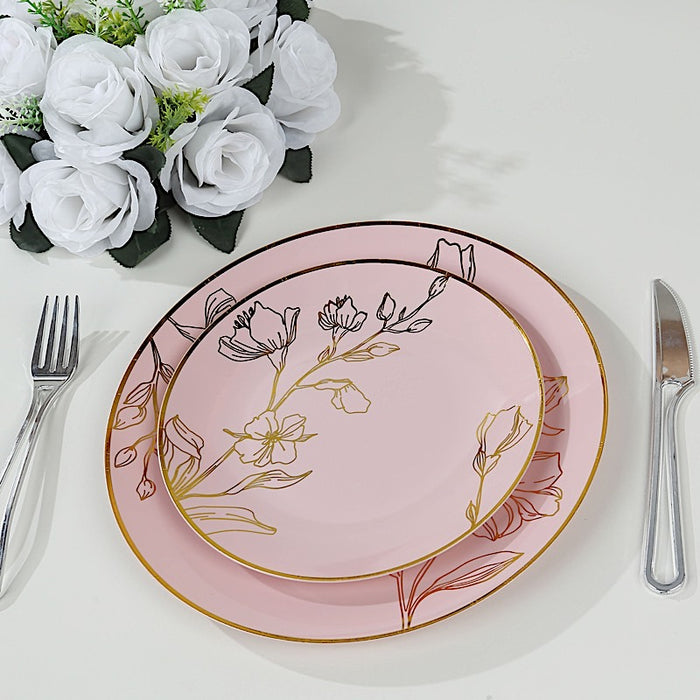 20 Round Plastic Salad Dinner Plates with Gold Floral Design - Disposable Tableware