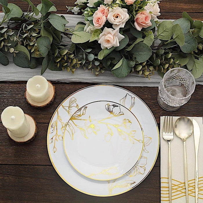 20 Round White Plastic Salad and Dinner Plates with Gold Floral Design - Disposable Tableware DSP_PLR0020_SET_WHGD