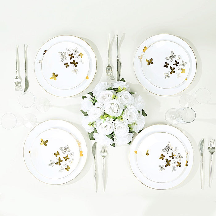 20 White Gold Butterfly Round Plastic Plates - Disposable Tableware