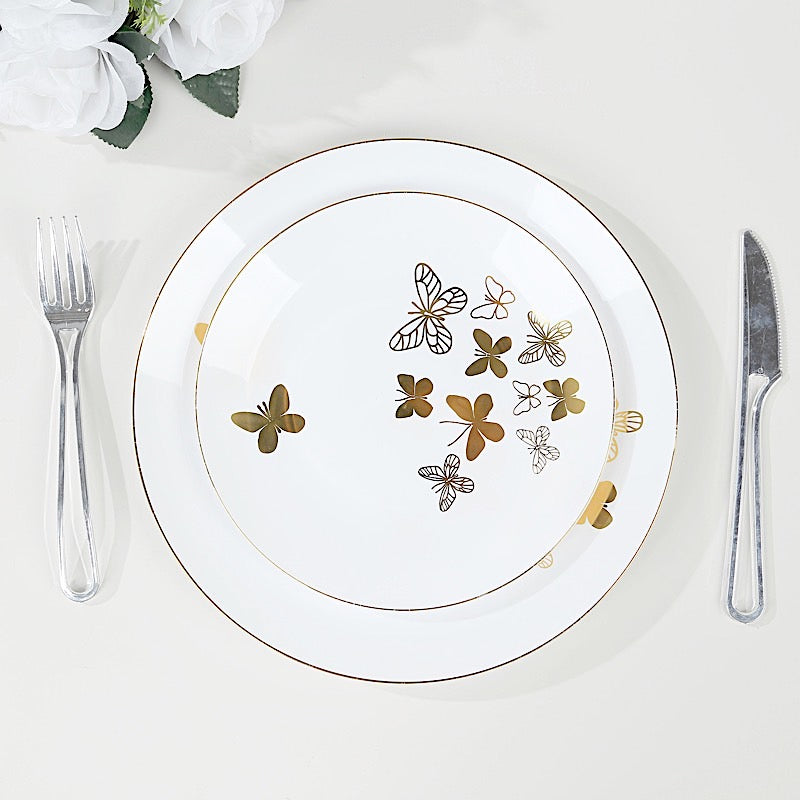 20 White Gold Butterfly Round Plastic Plates - Disposable Tableware