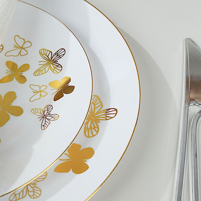 20 White Gold Butterfly Round Plastic Plates - Disposable Tableware