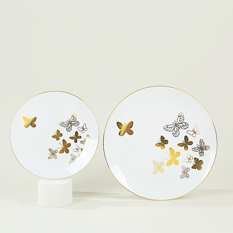 20 White Gold Butterfly Round Plastic Plates - Disposable Tableware