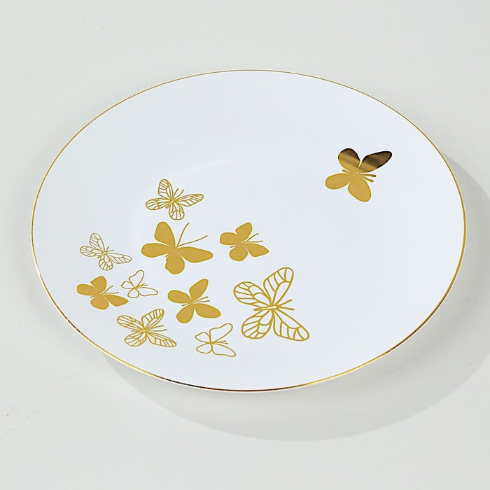 20 White Gold Butterfly Round Plastic Plates - Disposable Tableware