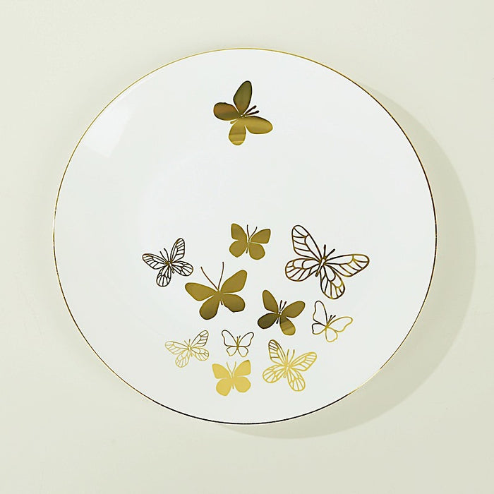 20 White Gold Butterfly Round Plastic Plates - Disposable Tableware