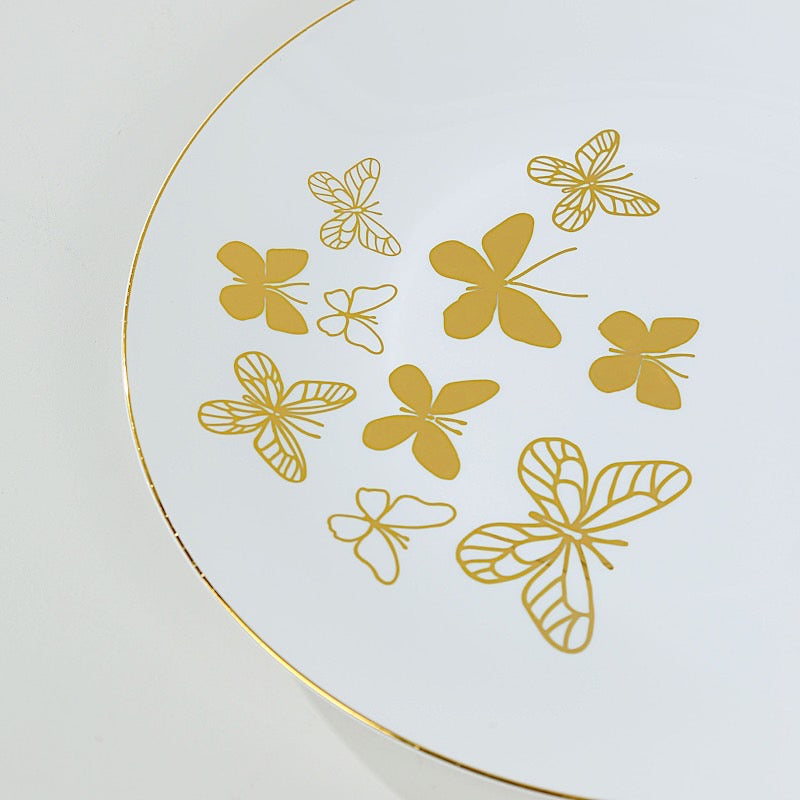 20 White Gold Butterfly Round Plastic Plates - Disposable Tableware