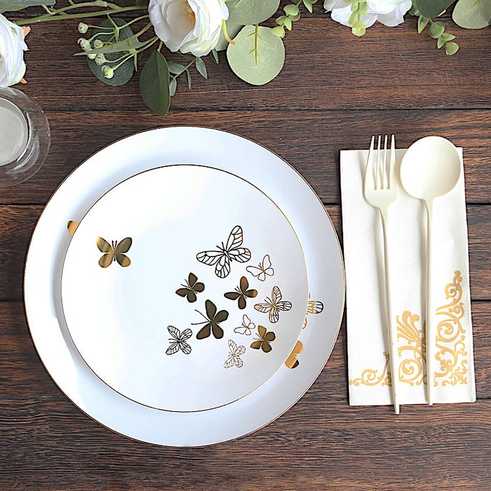 20 White Gold Butterfly Round Plastic Plates - Disposable Tableware