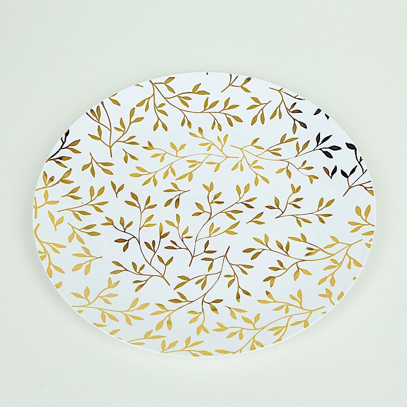 10 Round Plastic Salad Dessert Plates with Gold Leaf Design - White