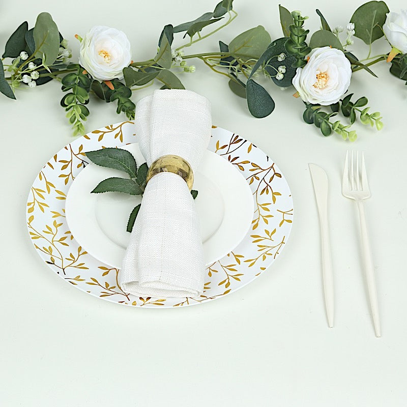 10 Round Plastic Salad Dessert Plates with Gold Leaf Design - White