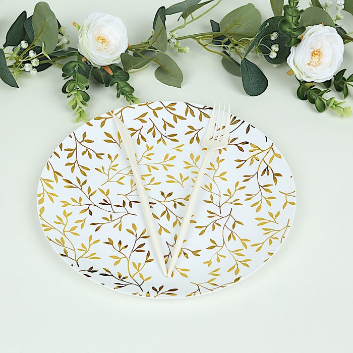 10 Round Plastic Salad Dessert Plates with Gold Leaf Design - White