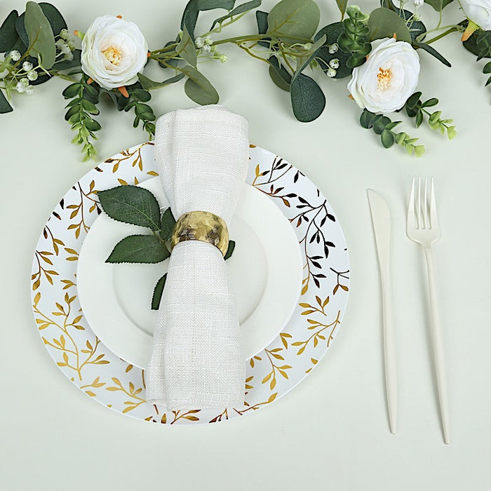 10 Round Plastic Salad Dessert Plates with Gold Leaf Design - White