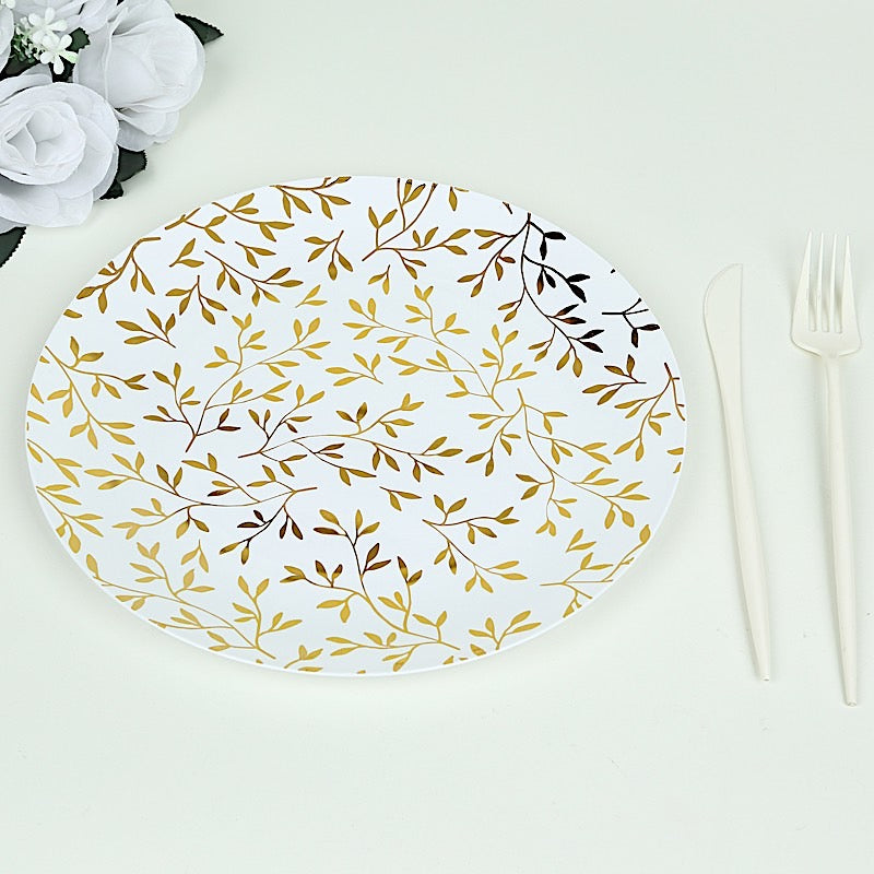 10 Round Plastic Salad Dessert Plates with Gold Leaf Design - White