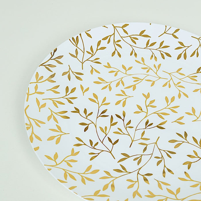 10 Round Plastic Salad Dessert Plates with Gold Leaf Design - White