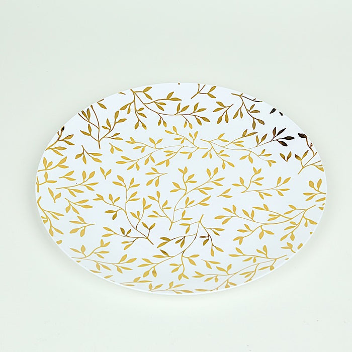 10 Round Plastic Salad Dessert Plates with Gold Leaf Design - White