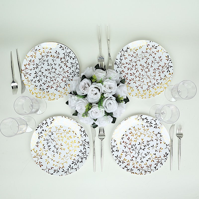 10 Round Plastic Salad Dessert Plates with Gold Leaf Design - White