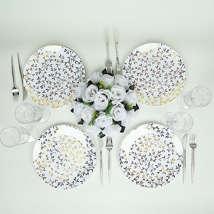 10 Round Plastic Salad Dessert Plates with Gold Leaf Design - White