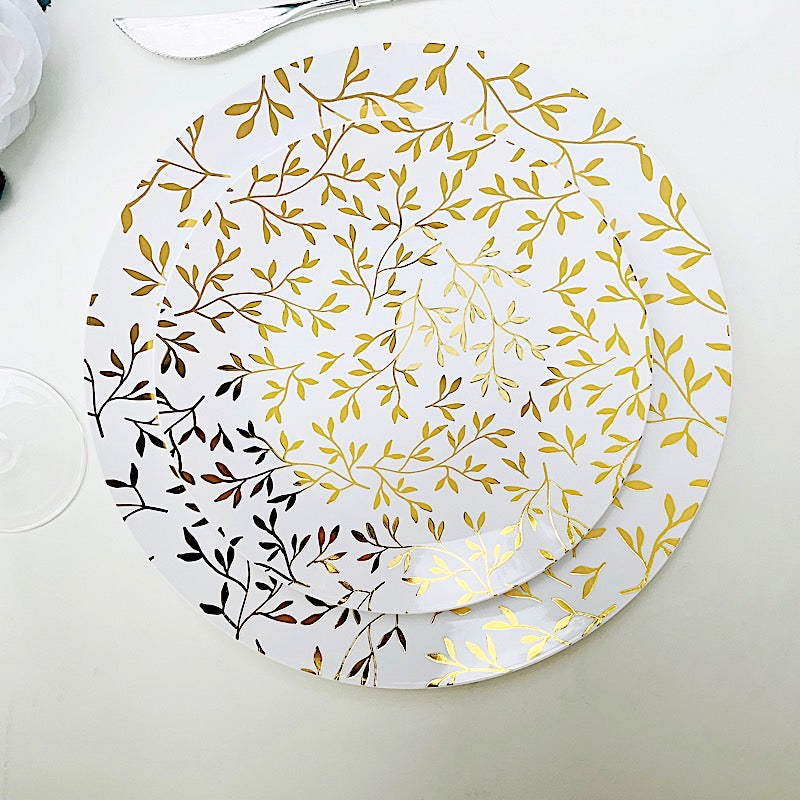 10 Round Plastic Salad Dessert Plates with Gold Leaf Design - White