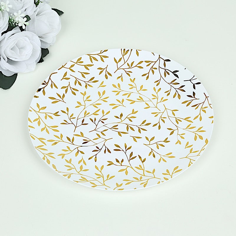 10 Round Plastic Salad Dessert Plates with Gold Leaf Design - White