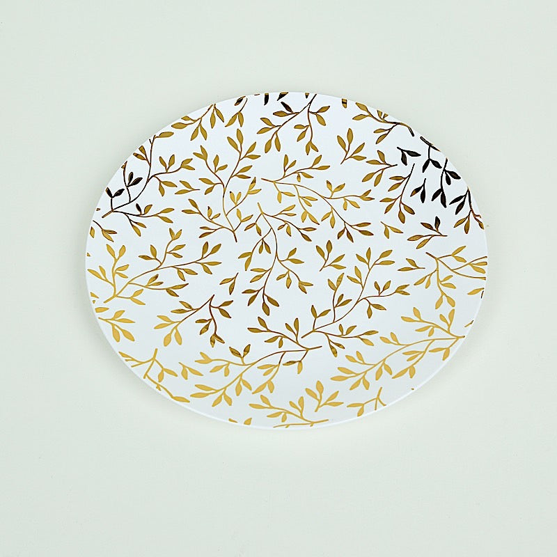 10 Round Plastic Salad Dessert Plates with Gold Leaf Design - White