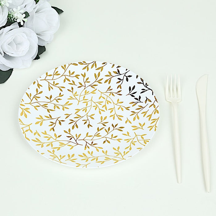 10 Round Plastic Salad Dessert Plates with Gold Leaf Design - White