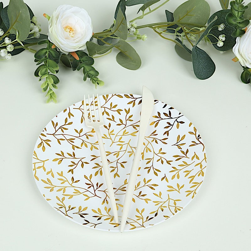 10 Round Plastic Salad Dessert Plates with Gold Leaf Design - White