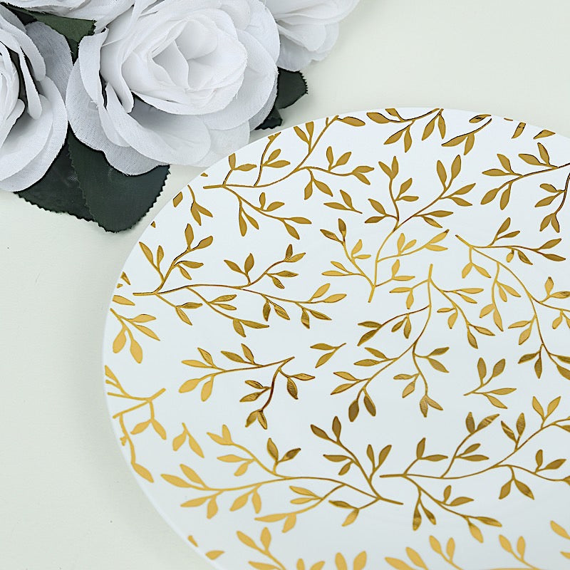 10 Round Plastic Salad Dessert Plates with Gold Leaf Design - White