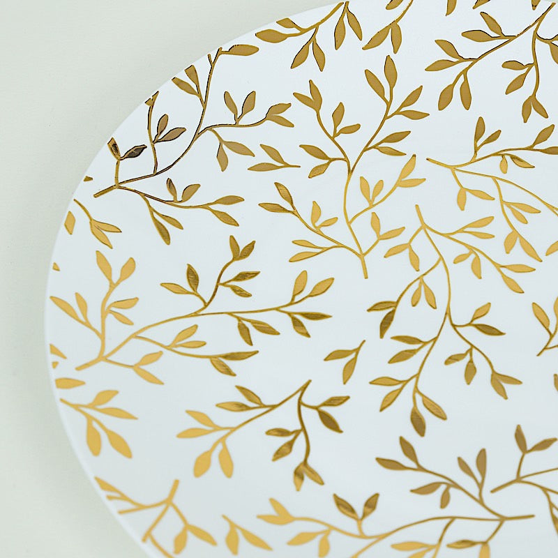 10 Round Plastic Salad Dessert Plates with Gold Leaf Design - White