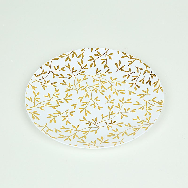 10 Round Plastic Salad Dessert Plates with Gold Leaf Design - White