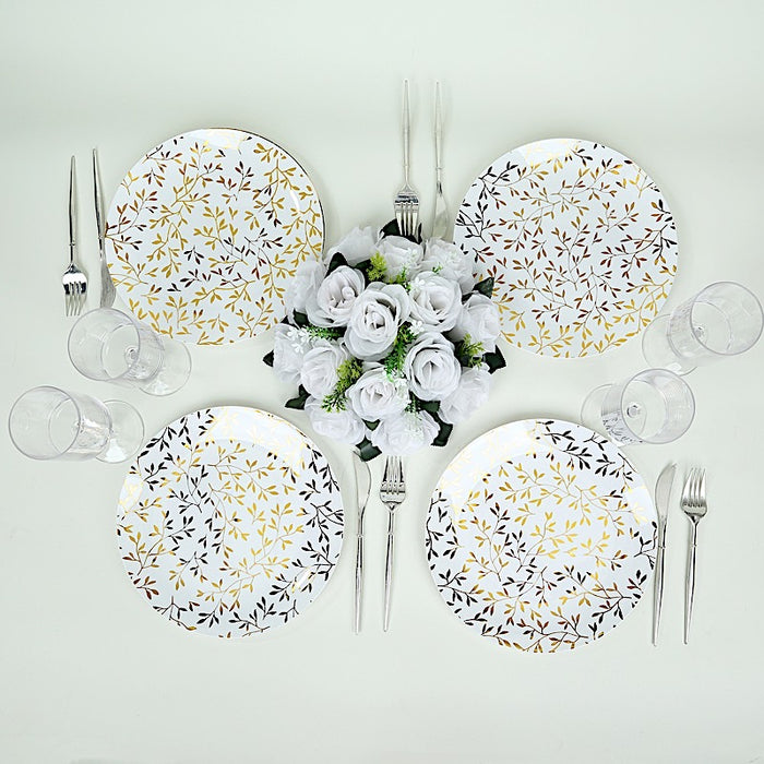 10 Round Plastic Salad Dessert Plates with Gold Leaf Design - White