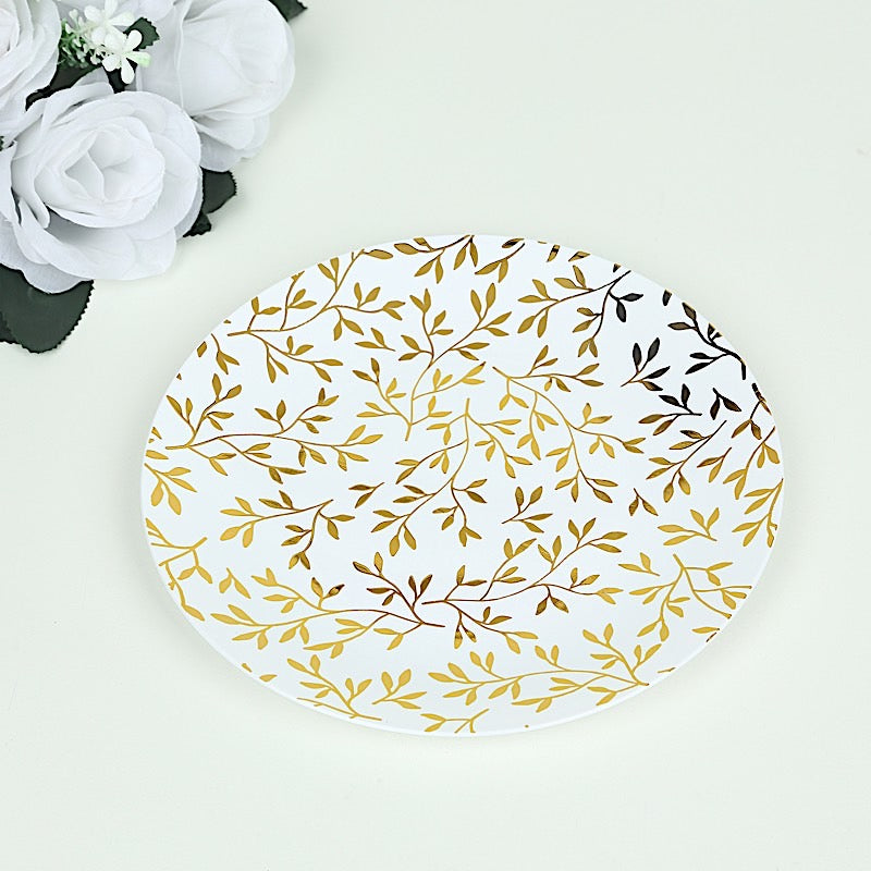 10 Round Plastic Salad Dessert Plates with Gold Leaf Design - White