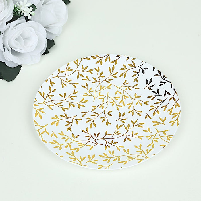 10 Round Plastic Salad Dessert Plates with Gold Leaf Design - White