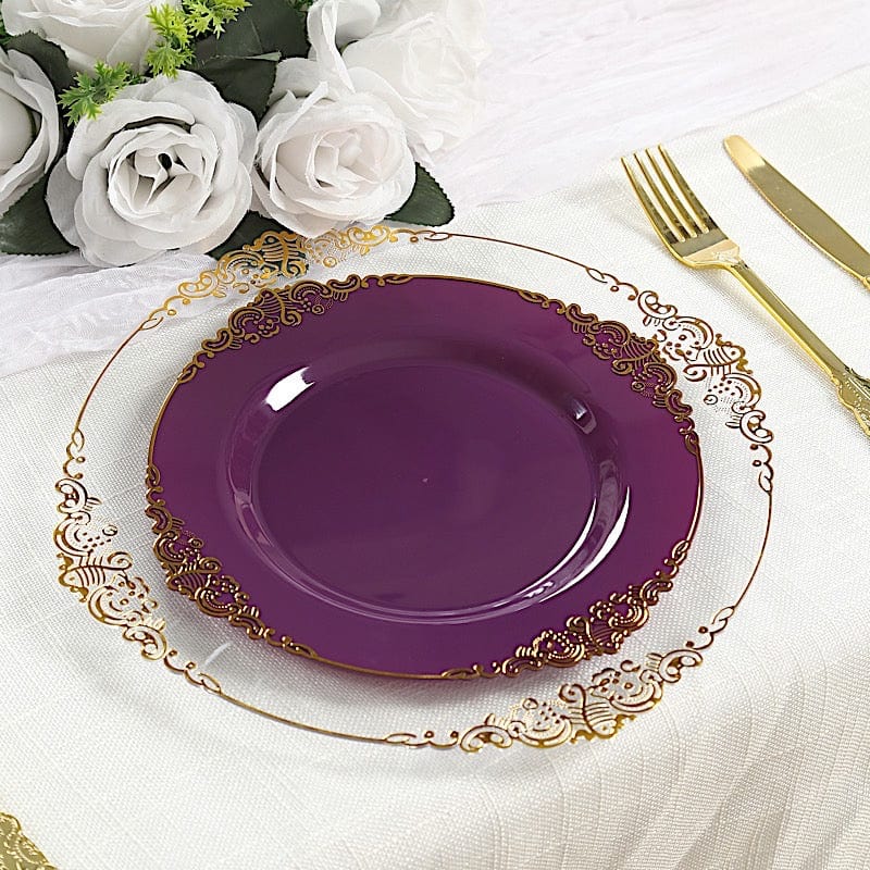 10 Round Plastic Salad Dinner Plates with Embossed Baroque Rim - Disposable Tableware