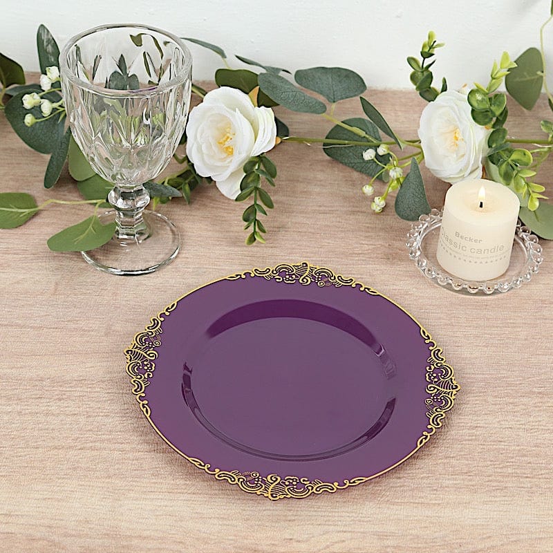 10 Round Plastic Salad Dinner Plates with Embossed Baroque Rim - Disposable Tableware