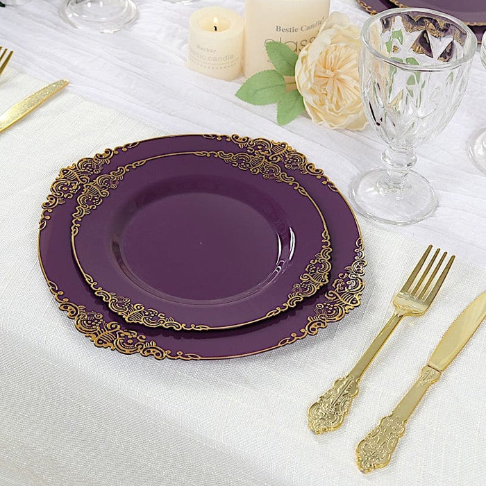 10 Round Plastic Salad Dinner Plates with Embossed Baroque Rim - Disposable Tableware