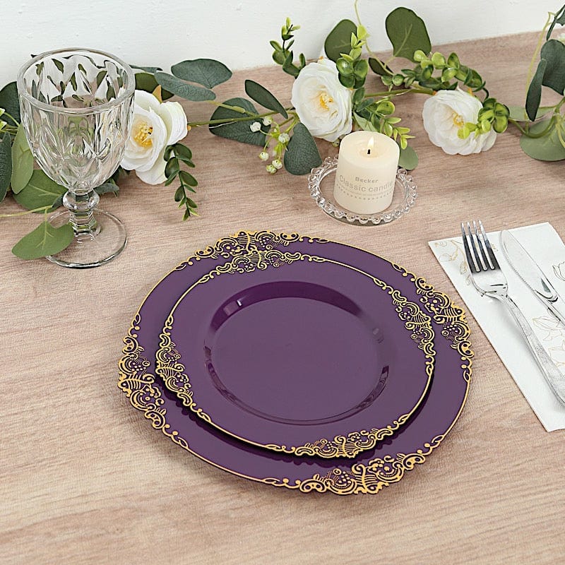 10 Round Plastic Salad Dinner Plates with Embossed Baroque Rim - Disposable Tableware