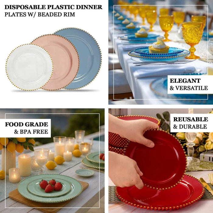 10 Round Plastic Salad Dinner Plates with Beaded Rim - Disposable Tableware