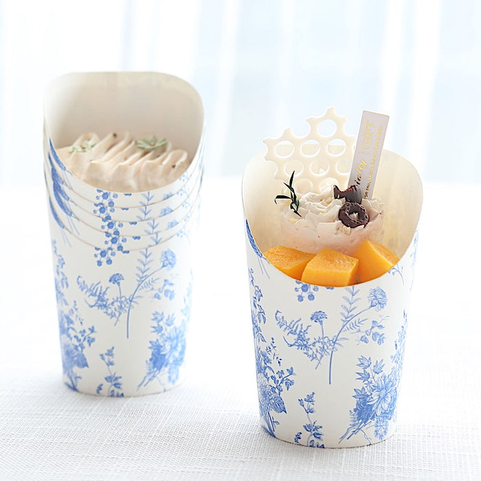 50 Paper Popcorn Box Cone Cups with French Toile Floral Pattern- White and Blue