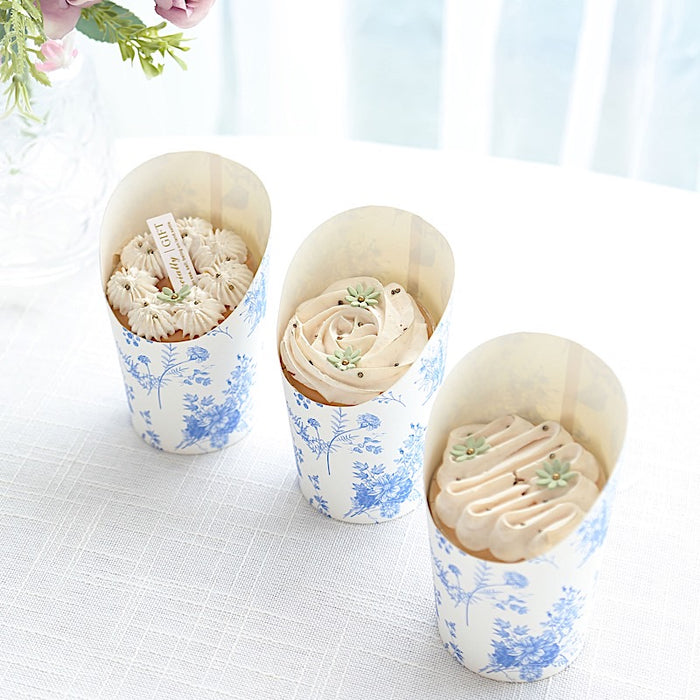 50 Paper Popcorn Box Cone Cups with French Toile Floral Pattern- White and Blue