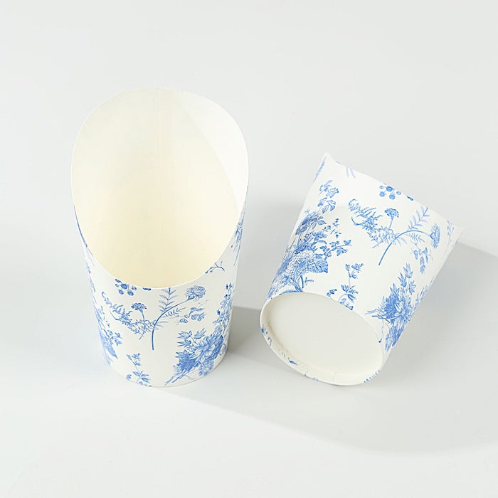 50 Paper Popcorn Box Cone Cups with French Toile Floral Pattern- White and Blue