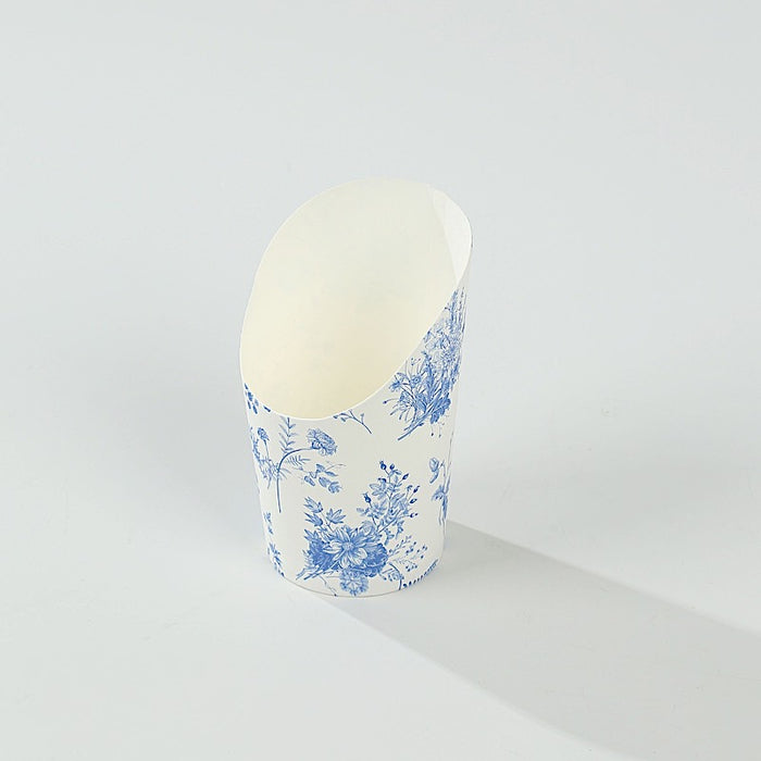 50 Paper Popcorn Box Cone Cups with French Toile Floral Pattern- White and Blue