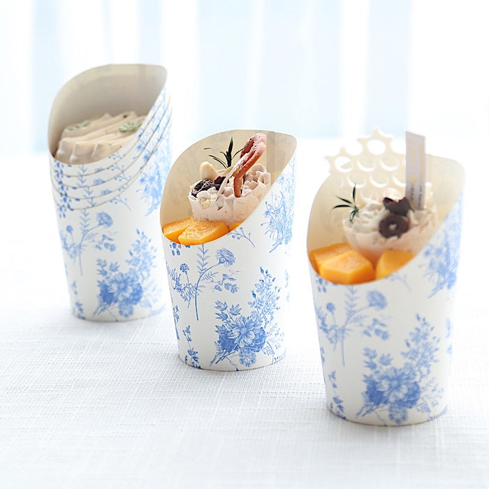 50 Paper Popcorn Box Cone Cups with French Toile Floral Pattern- White and Blue