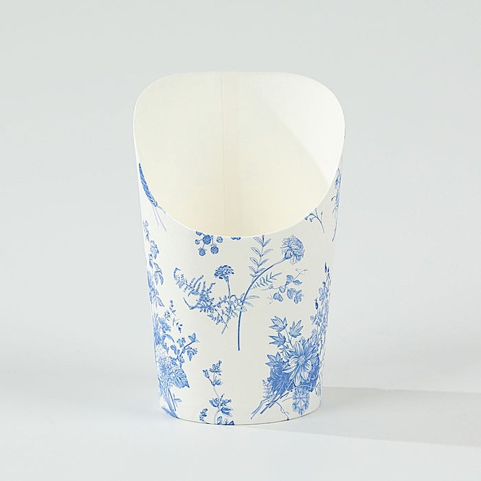 50 Paper Popcorn Box Cone Cups with French Toile Floral Pattern- White and Blue