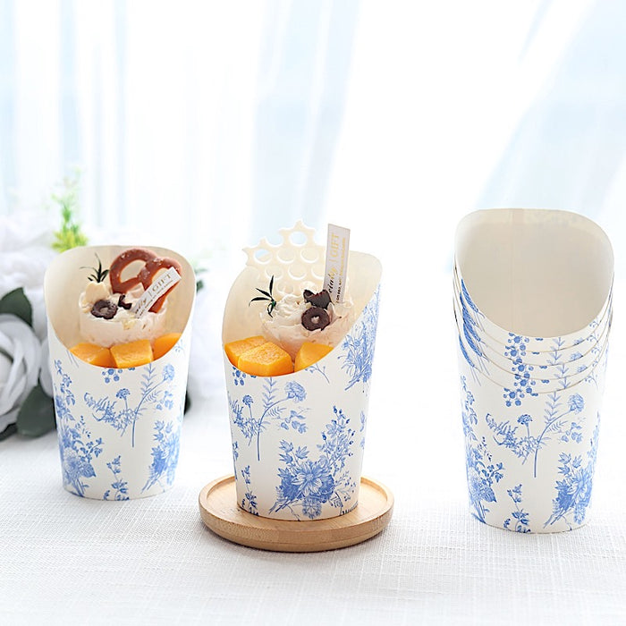 50 Paper Popcorn Box Cone Cups with French Toile Floral Pattern- White and Blue