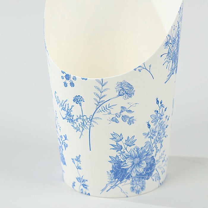 50 Paper Popcorn Box Cone Cups with French Toile Floral Pattern- White and Blue