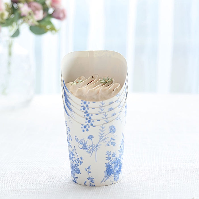 50 Paper Popcorn Box Cone Cups with French Toile Floral Pattern- White and Blue