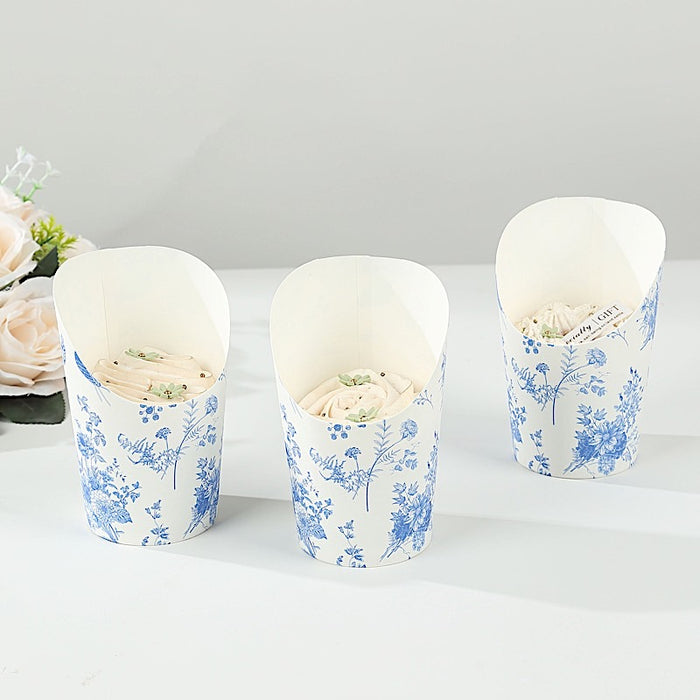 50 Paper Popcorn Box Cone Cups with French Toile Floral Pattern- White and Blue