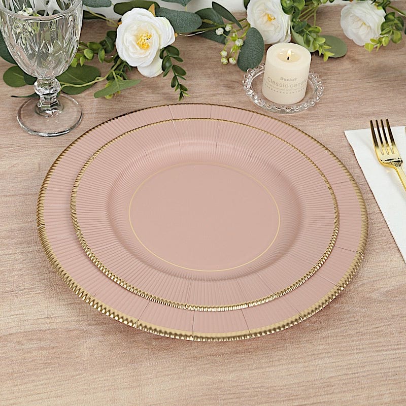 25 Metallic Round Paper Salad Dinner Plates with Textured Rim - Disposable Tableware