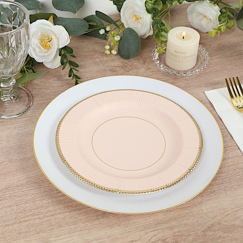 25 Metallic Round Paper Salad Dinner Plates with Textured Rim - Disposable Tableware