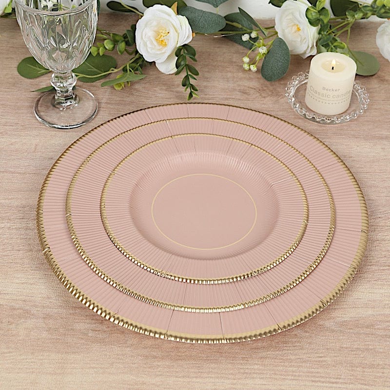 25 Metallic Round Paper Salad Dinner Plates with Textured Rim - Disposable Tableware